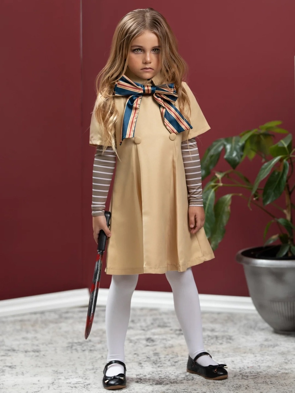 Girls Megan M3GAN Beige Dress costume with Striped Bow size 10-11